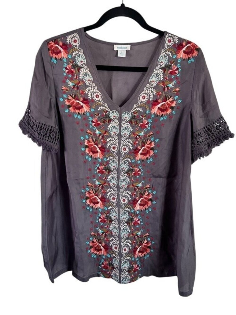 Sundance Colorful Floral Lace Embroidery Top Blouse Silky Cupro Boho Reas